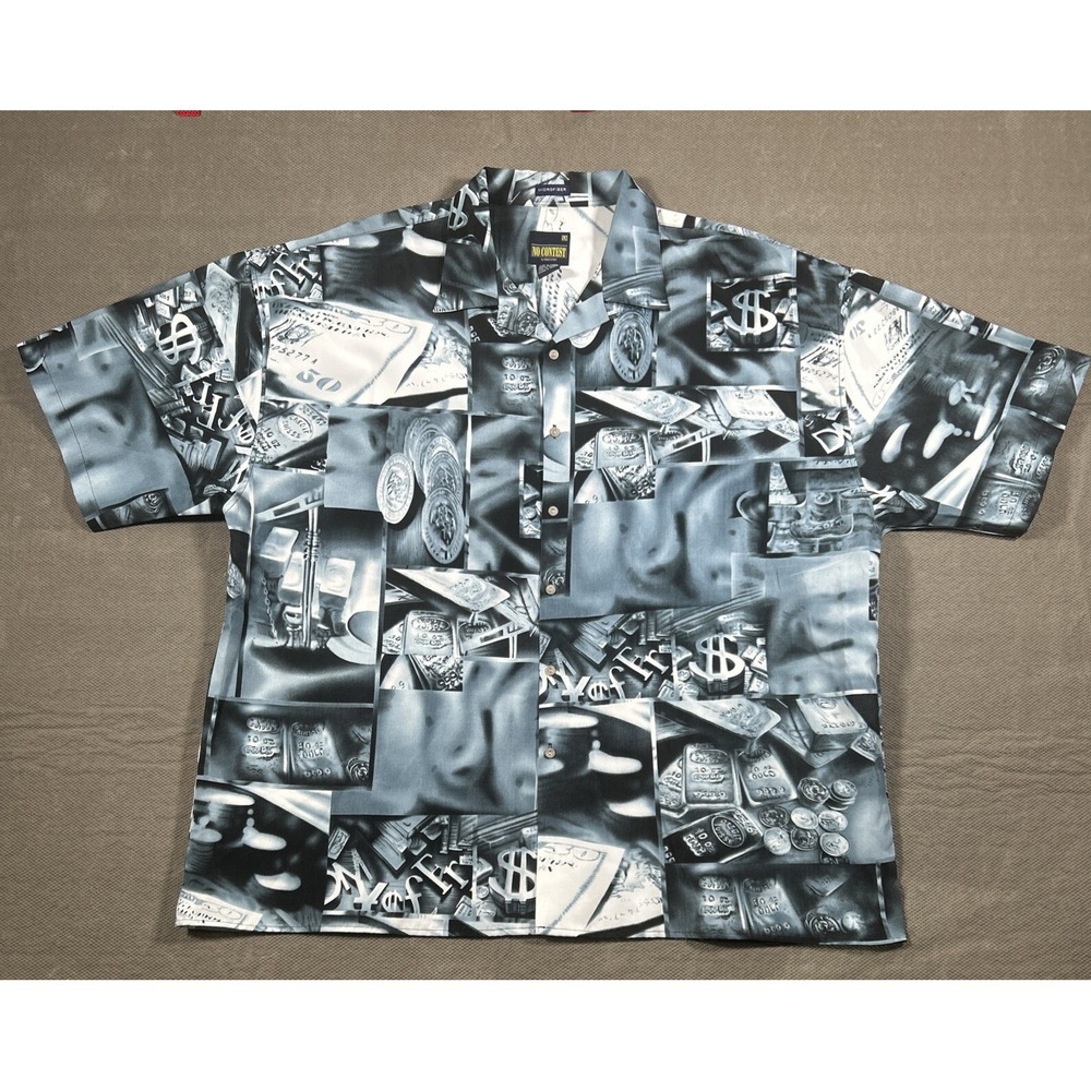 No Contest Vintage Currency Button Up Shirt Short Sleeve Blue 3X (19-19.5)